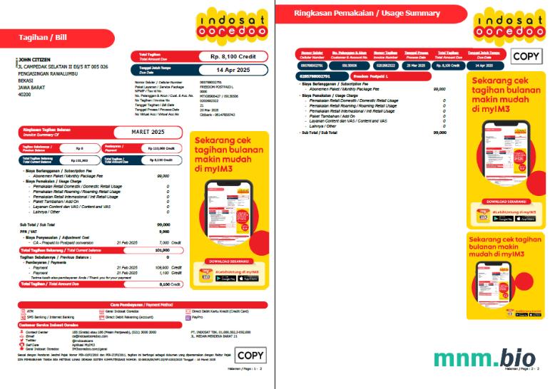 Indonezja Indosat Ooredoo szablon rachunku za media w formatach Word i PDF, 2 strony